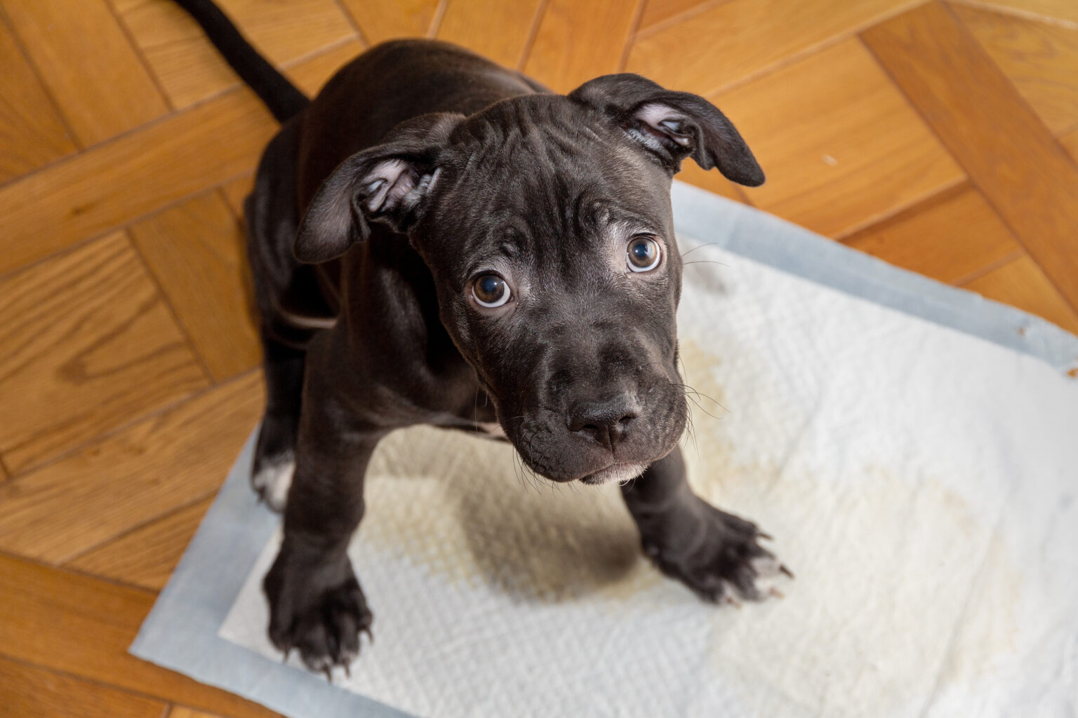 American Pit Bull Terrier puppy on an absorbent diaper. Toilet training